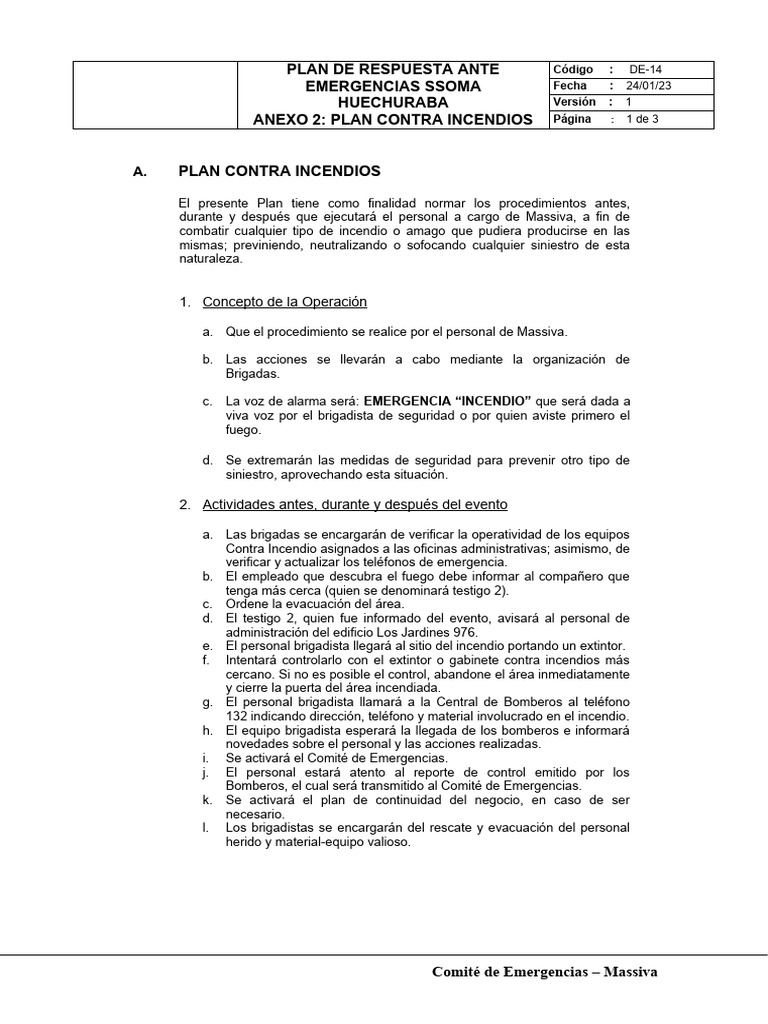 Plan de Emergencia Contra Incendios | PDF | Peligros