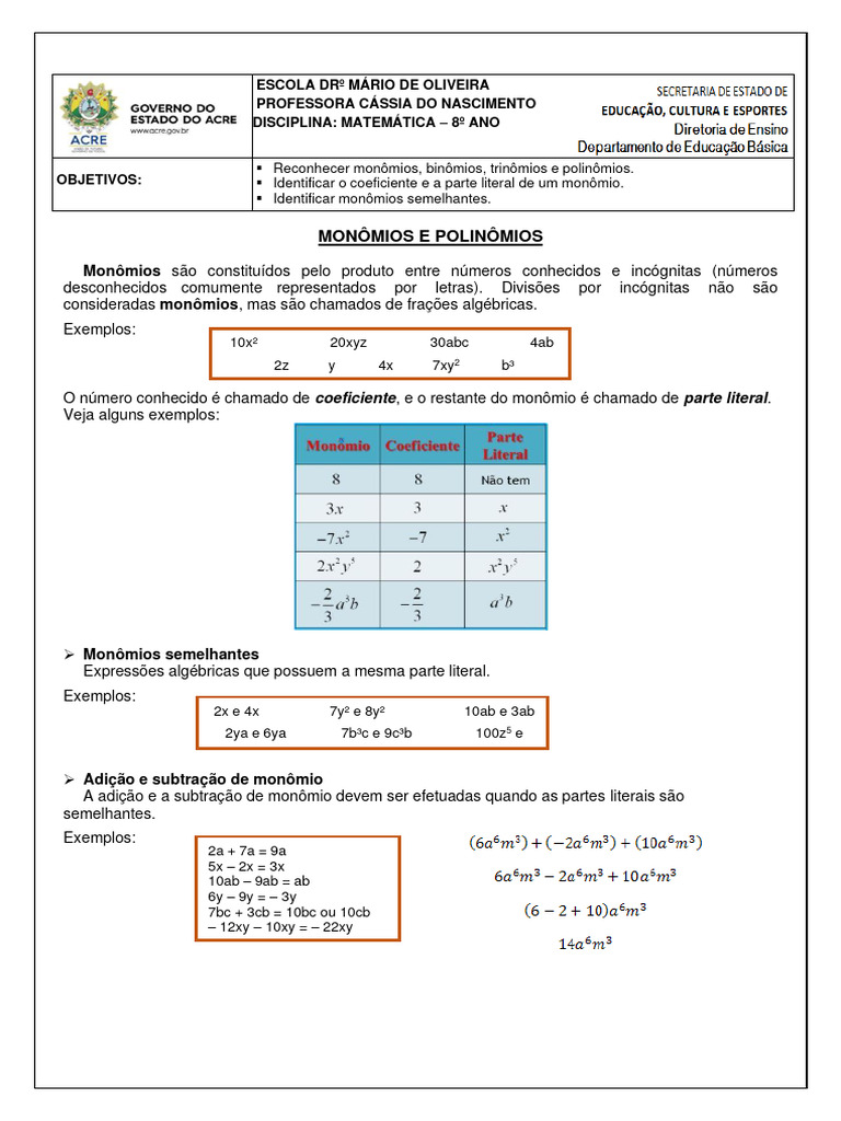 Atividades sobre Monômios e Polinômios 8º Ano | PDF | Multiplicação ...