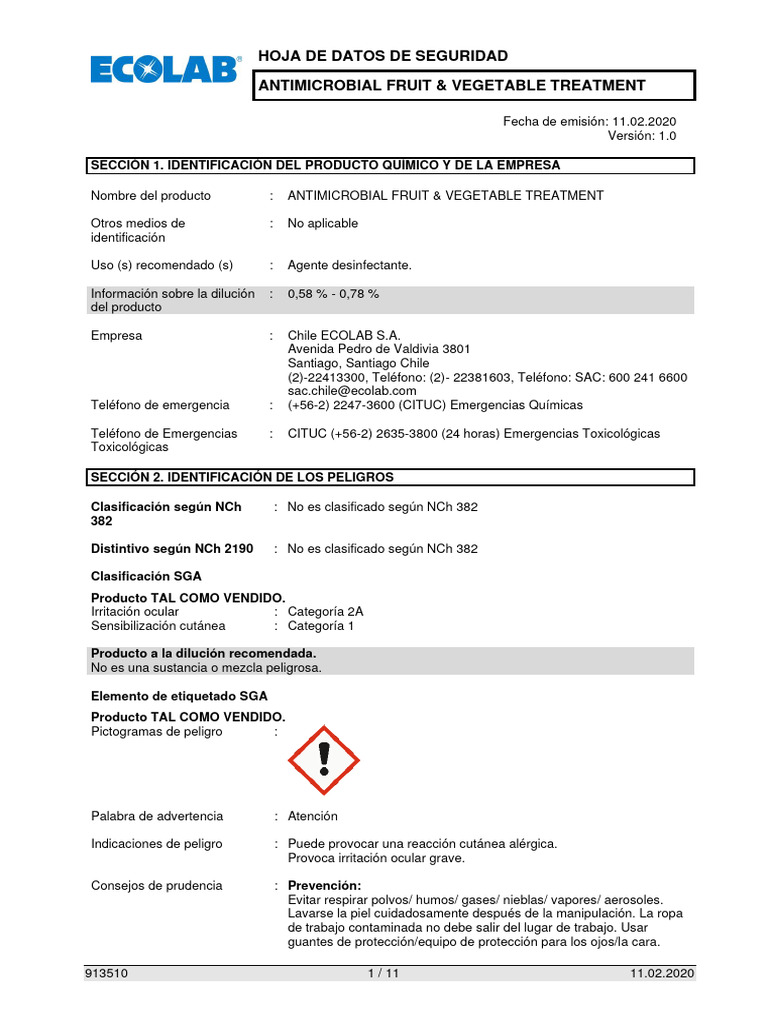 Antimicrobial Fruit Vegetable Treatment - HDS 2020 | PDF | Agua | Toxicidad