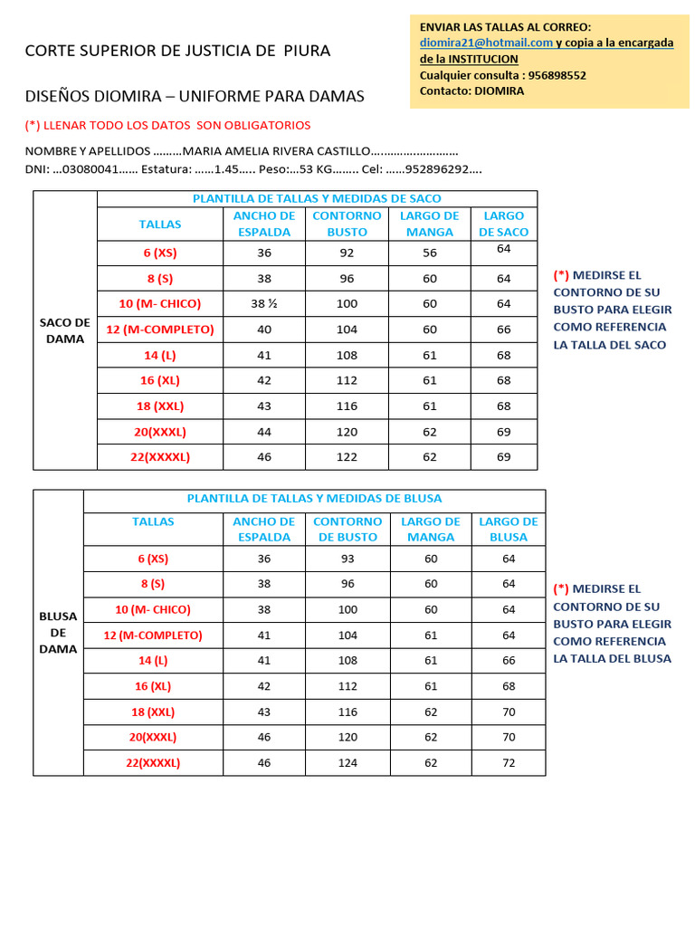 Plantilla de Tallas para Uniformes Dama | PDF | Ropa | Moda