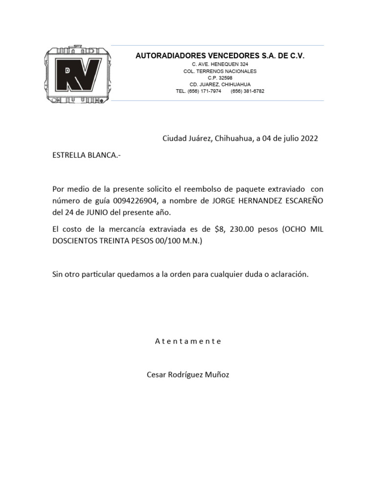 Solicitud de reembolso por paquete extraviado | PDF
