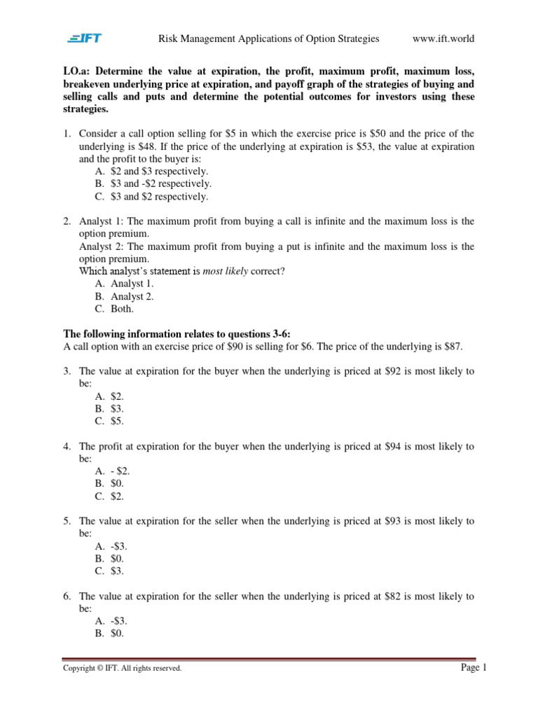 R59 Risk Management Applications of Option Strategies Q Bank | PDF ...