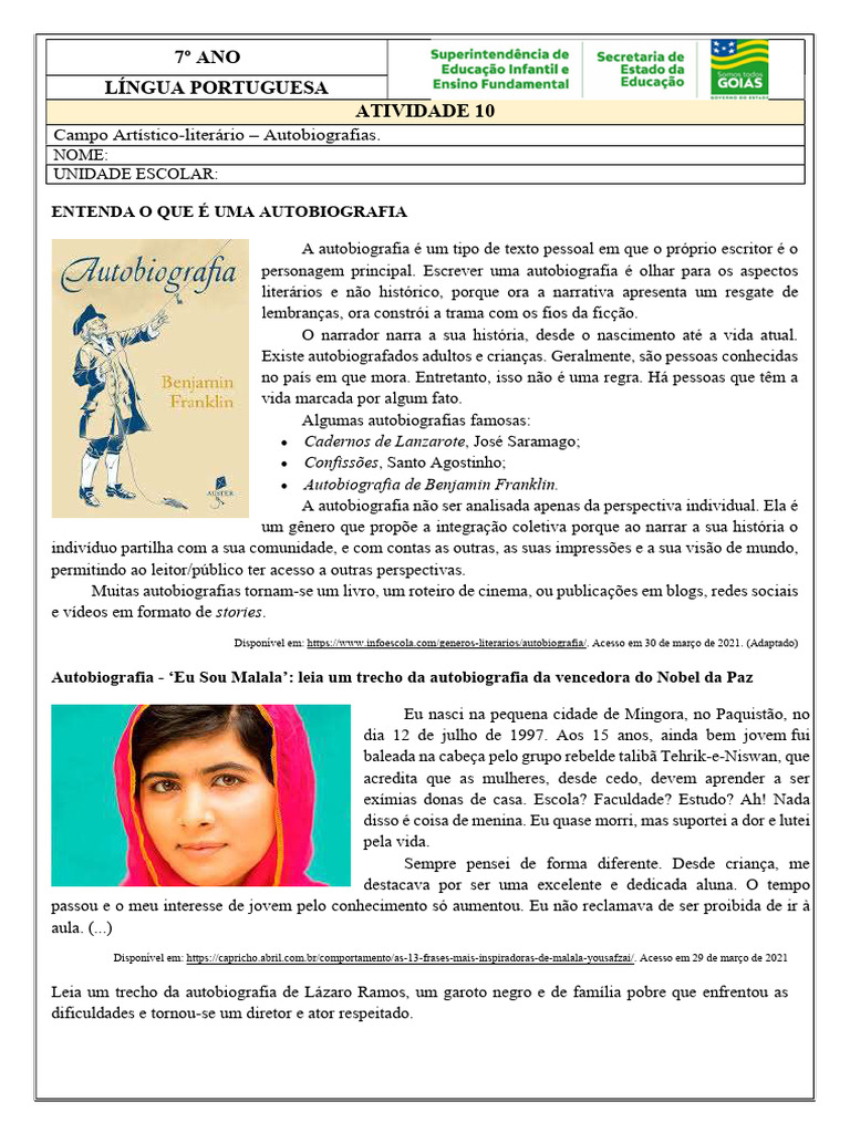 Atividade sobre Autobiografia 7º Ano | PDF | Narrativa | Malala Yousafzai