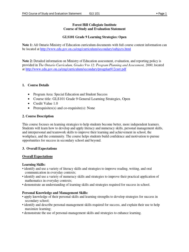 Grade 9 Learning Strategies Course Guide | PDF | Educational Assessment ...