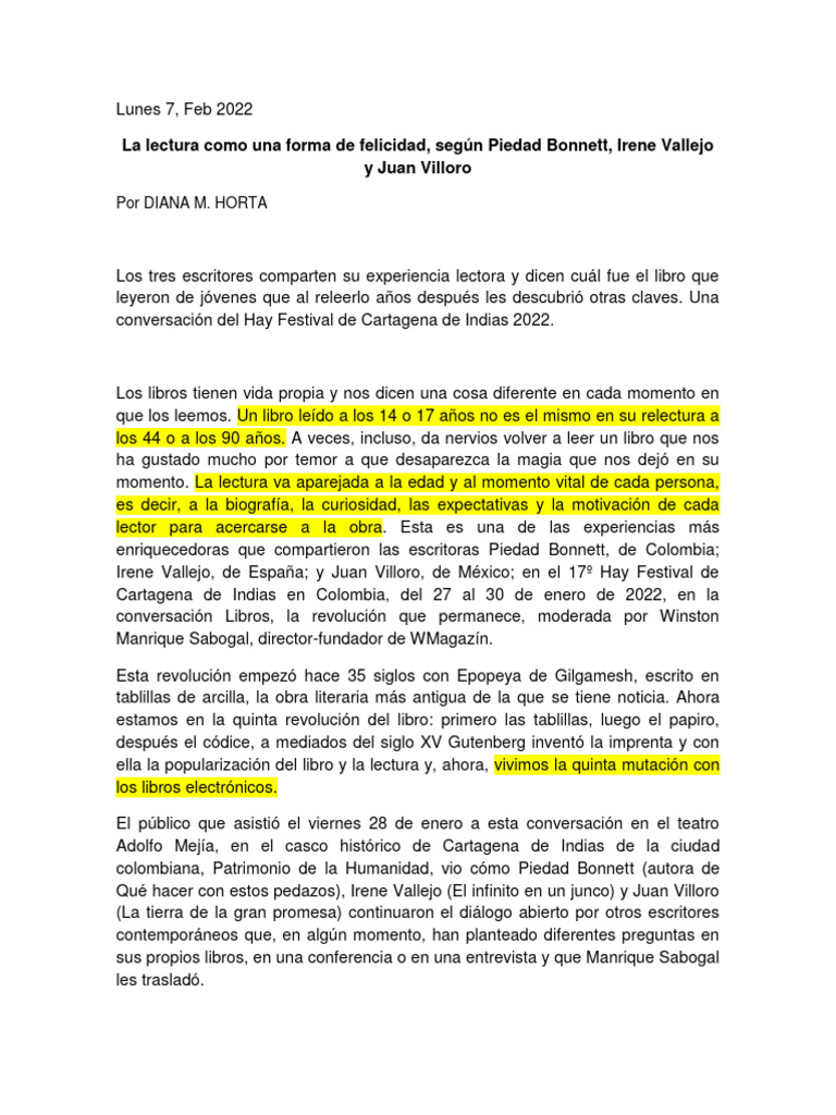 La Lectura Como Forma de Felicidad | PDF | Libros | Novelas