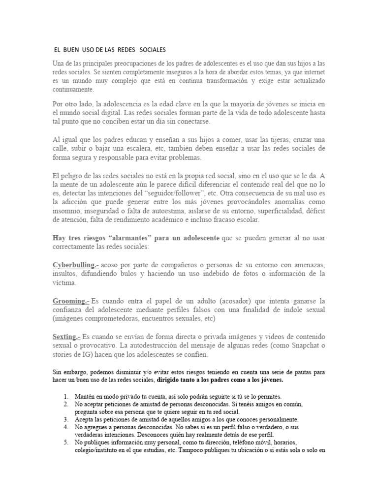 El Buen Uso de Las Redes Sociales | PDF | Adolescencia | Redes sociales