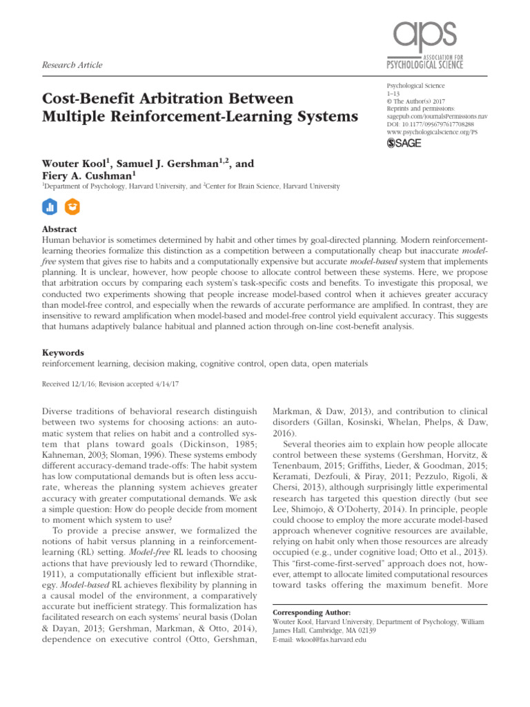 Cost benefit arbitration between multiple reinforcement learning