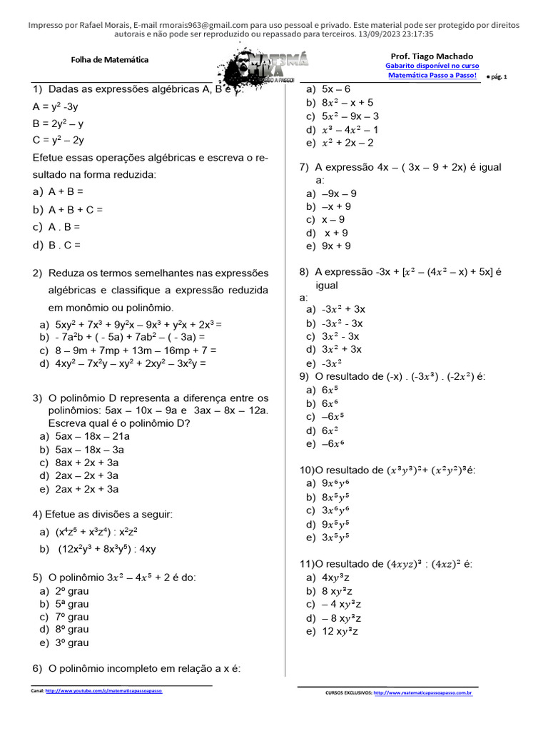 Exercícios de Polinômios - 8º Ano | PDF | Lógica | Ciência da ...