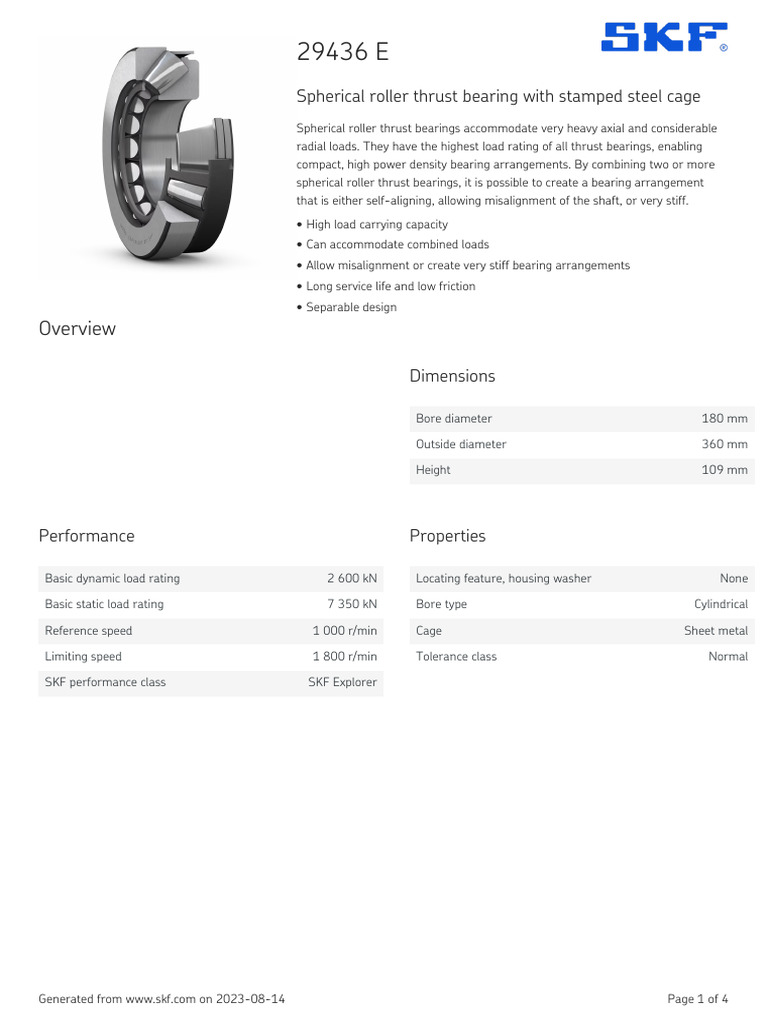 SKF 29436 E Specification PDF Bearing (Mechanical) License