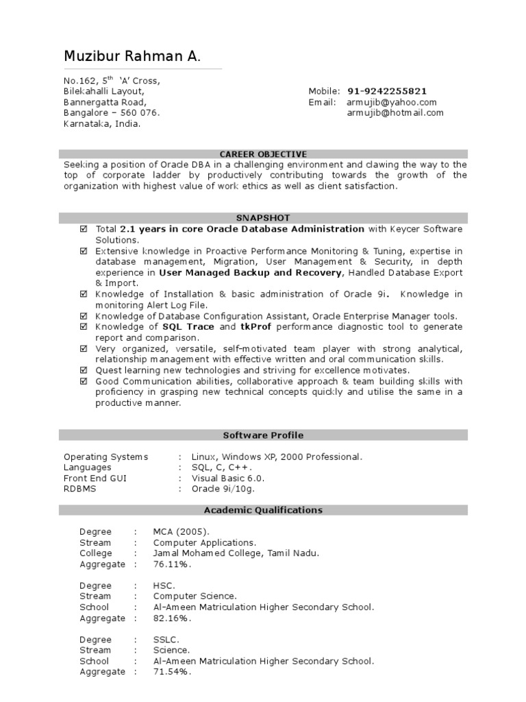 Resume Updated | Oracle Database | Backup