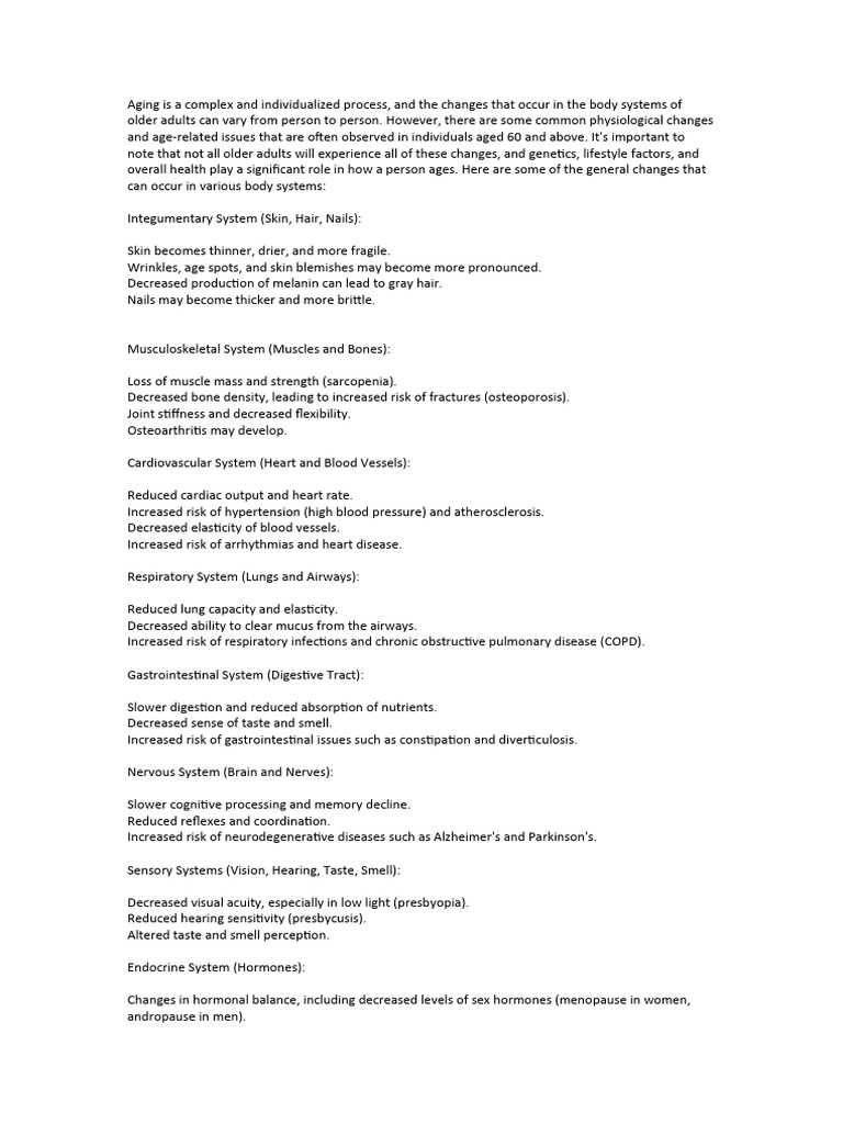 Physiological Changes in Aging Adults | PDF | Skin | Heart