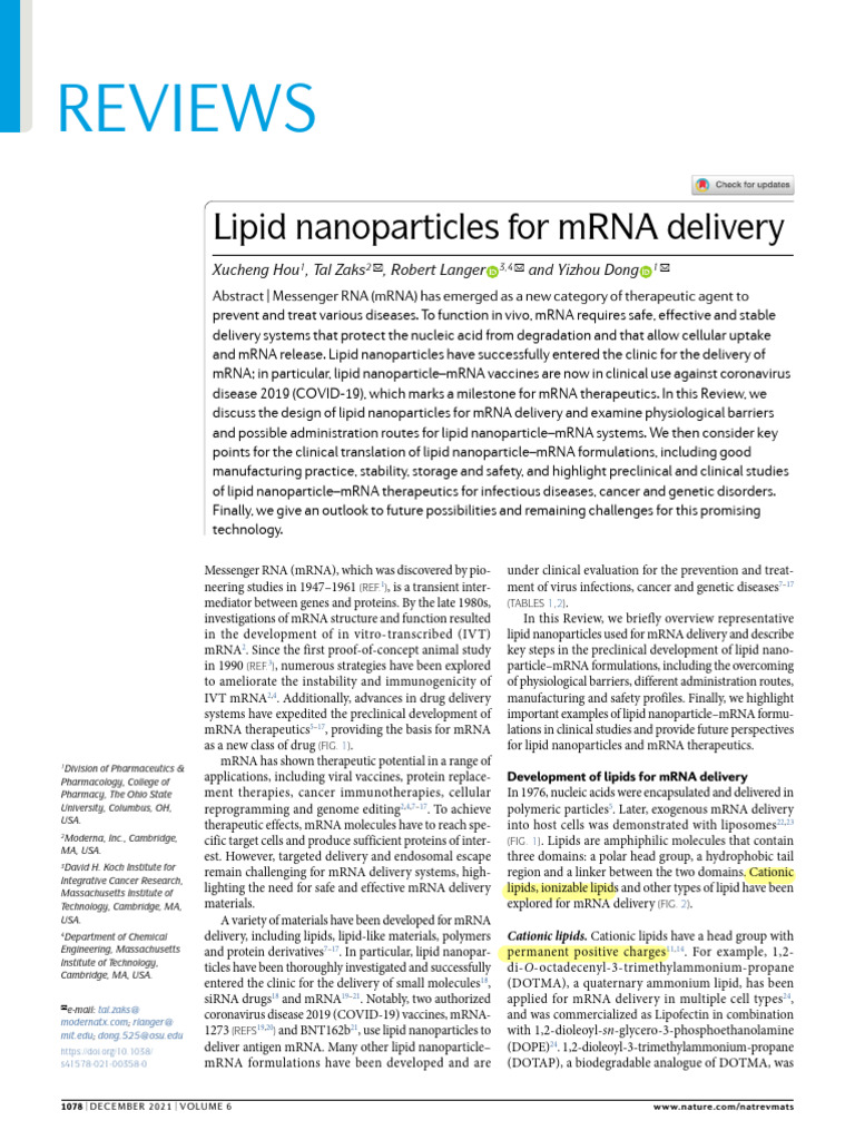 Lipid Nanoparticles for mRNA Delivery | PDF | Virus | Medical Specialties