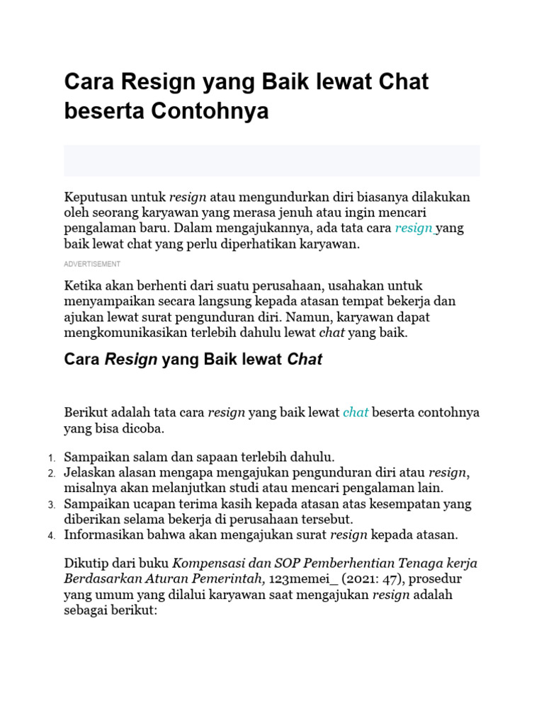 Cara Resign Yang Baik Lewat Chat Beserta Contohnya | PDF