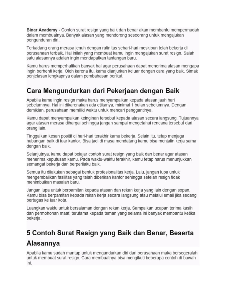 Contoh Surat Resign yang Baik dan Benar | PDF | Karier & Perkembangan