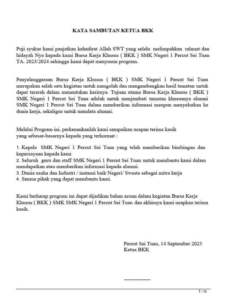 Sambutan Ketua BKK. Melalui Program Ini, Perkenankanlah Kami Sampaikan