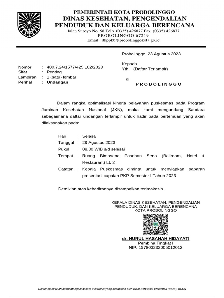 Undangan Optimalisasi Kinerja Pelayanan Puskesmas | PDF