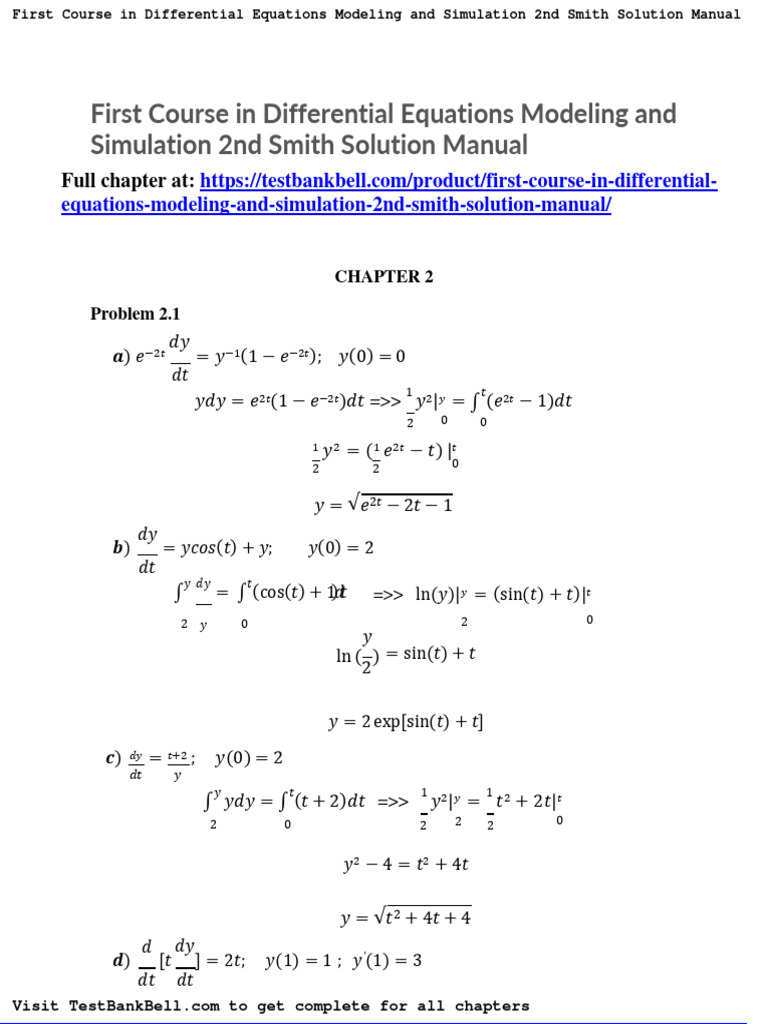 First Course in Differential Equations Modeling and Simulation 2nd Smith Solution Manual PDF