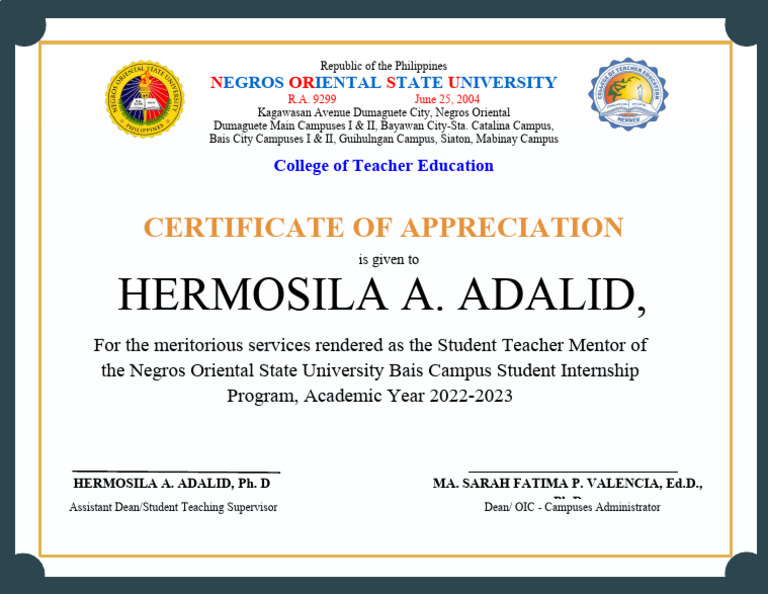 CERTIFICATE of Appreciation For Student Intern Mentor | PDF