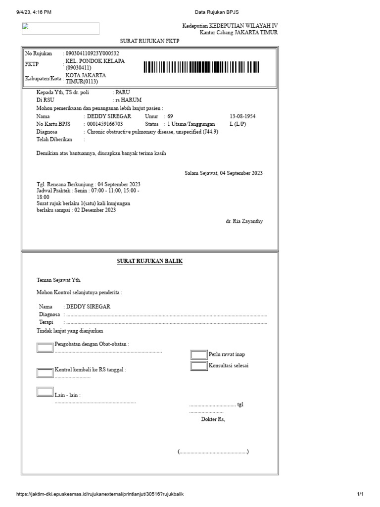 Surat Rujukan BPJS Pasien Paru 2023 | PDF