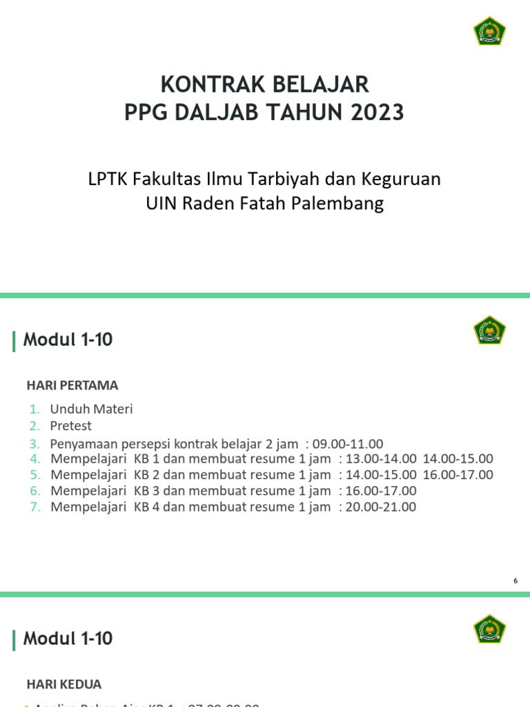 Kontrak Belajar PPG UIN Raden Fatah | PDF