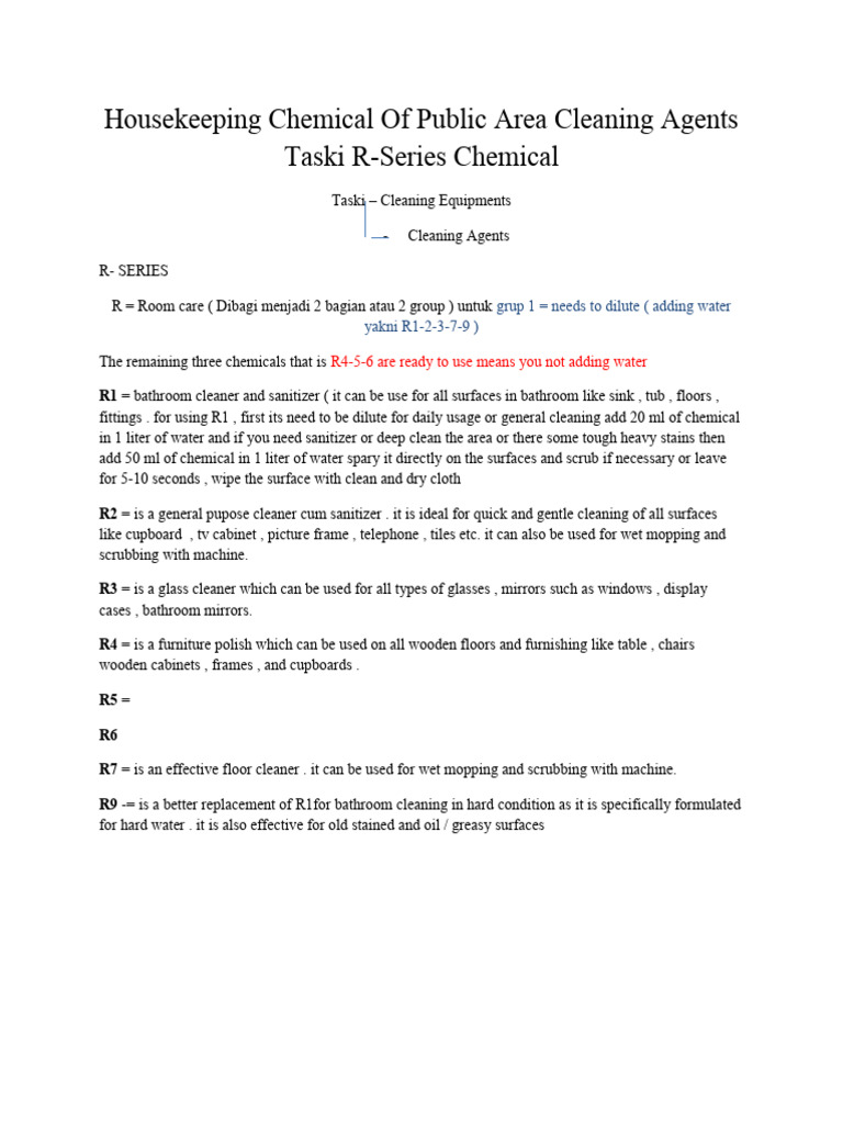 Housekeeping Chemical of Public Area Cleaning Agents Taski R | PDF