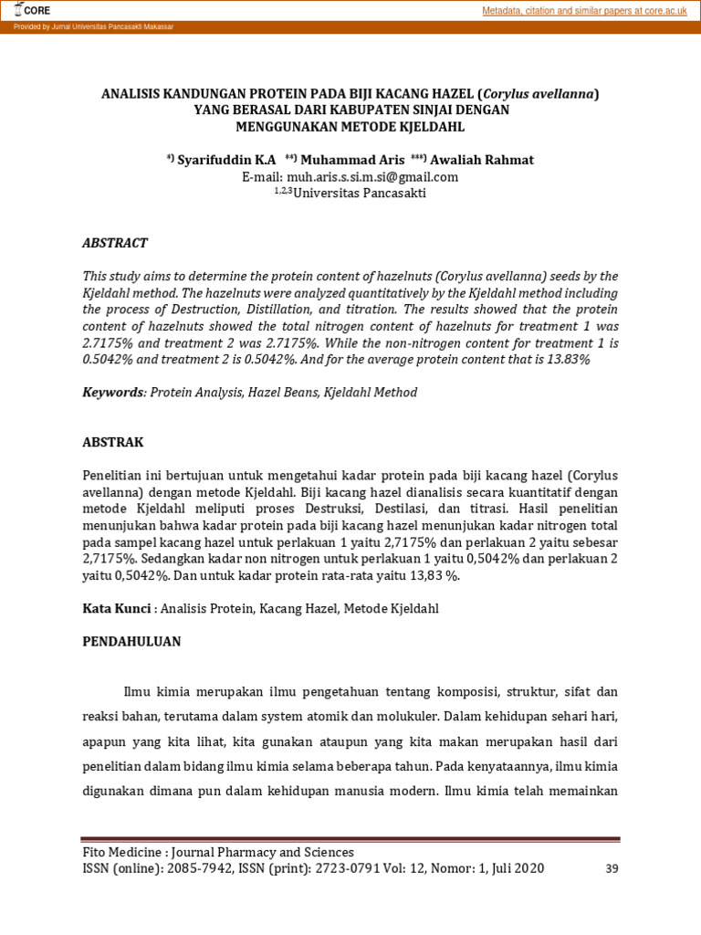 ANALISIS KANDUNGAN PROTEIN PADA BIJI KACANG HAZEL (Corylus Avellanna