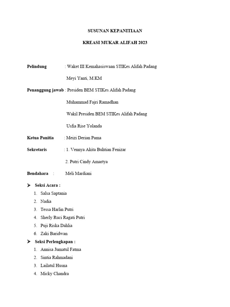 Susunan Panitia Kreasi Mukar Alifah 2023 | PDF