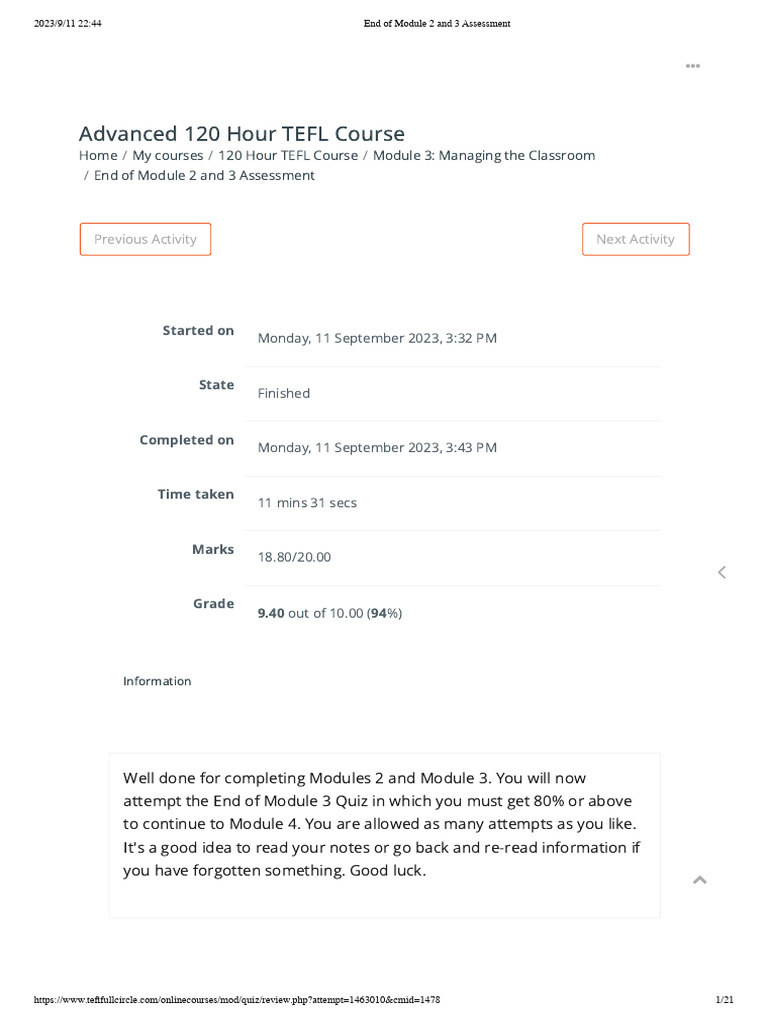 TEFL Module 2 and 3 Assessment Results | PDF | Learning | Metacognition