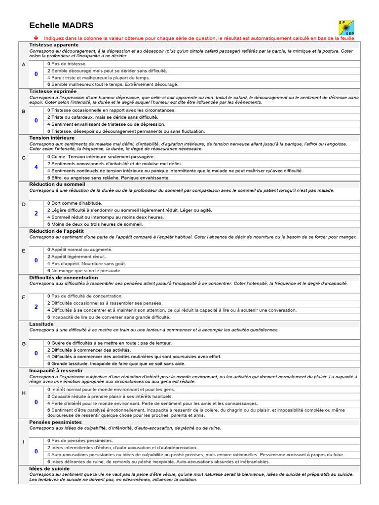 Échelle MADRS : Évaluation de la Dépression | PDF | Dépression ...