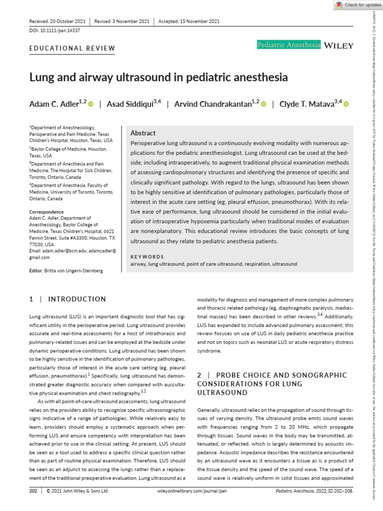 Lung and Airway Ultrasound in Pediatric Anesthesia PDF Medical