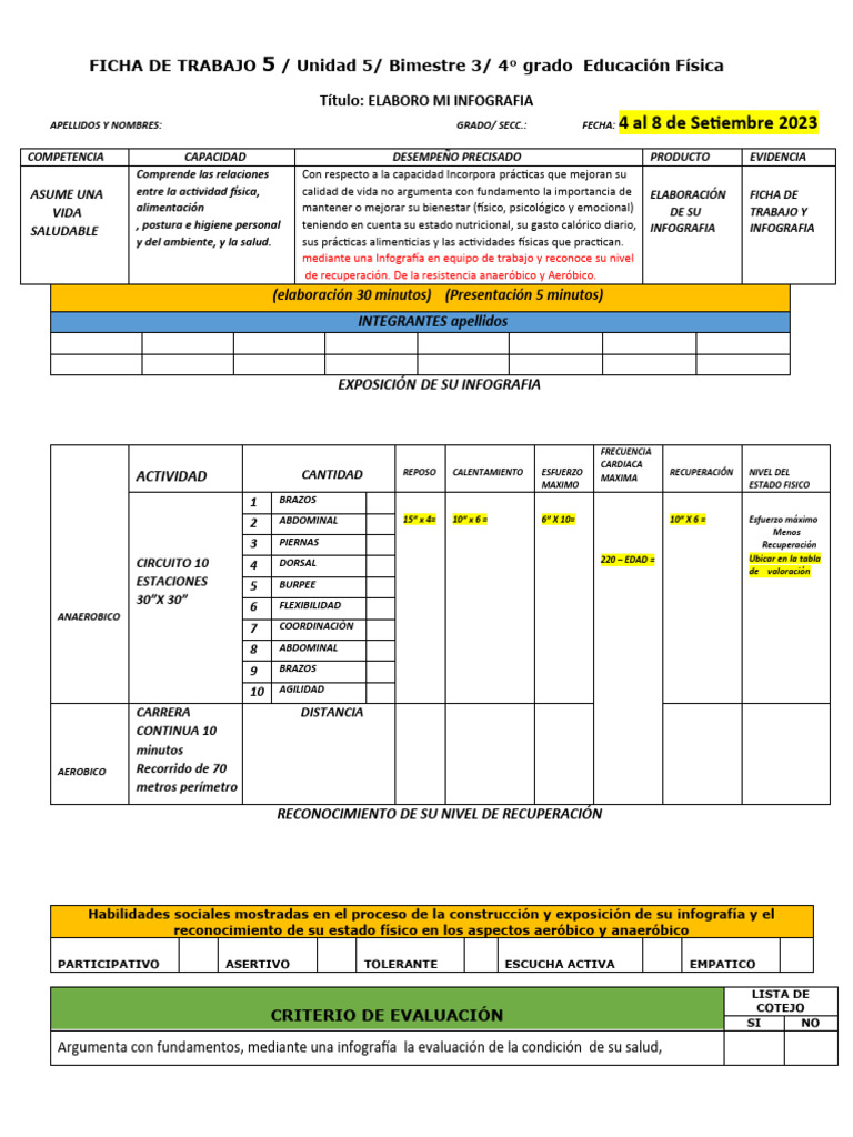 FICHA DE TRABAJO 5 4° Sec 5ta UNIDAD | PDF | Ejercicio aerobico