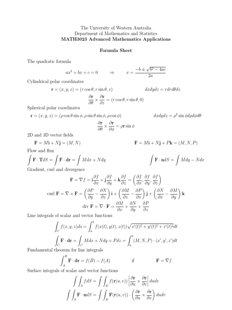 MATH3023 Formula Sheet | PDF | Flux | Integral