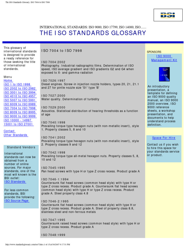 The ISO Standards Glossary. ISO 7004 To ISO 7998 | PDF | Corrosion | Screw