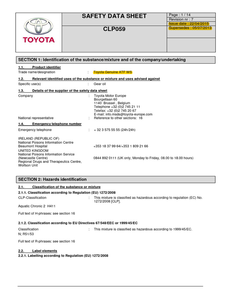 Toyota Genuine ATF WS | PDF | Toxicity | Chemistry