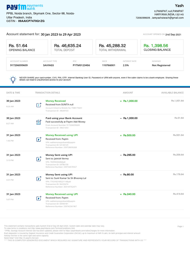 PPBL Savings Account Statement | PDF | Banks | Deposit Account
