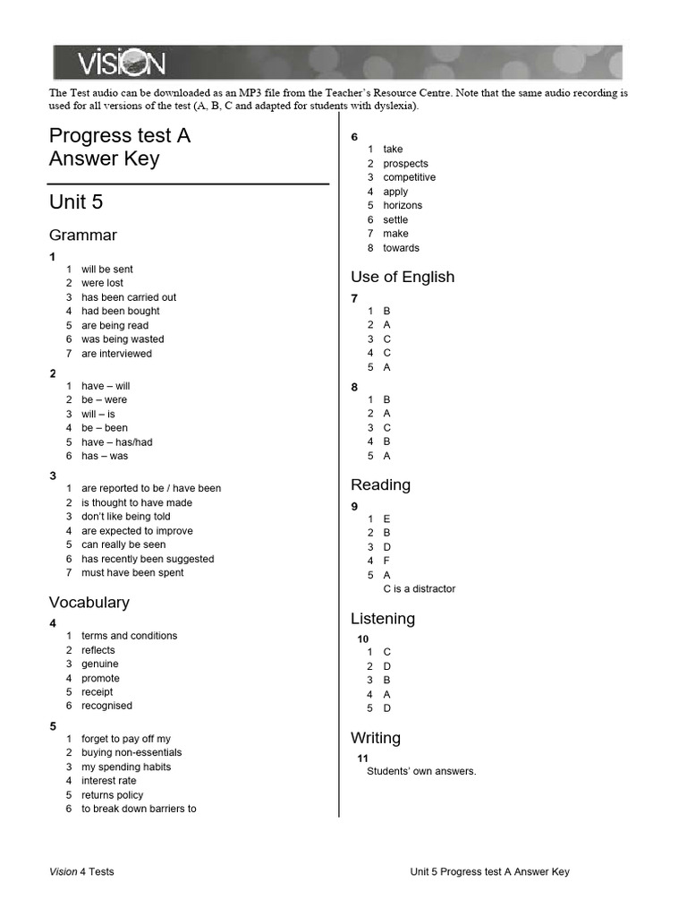 Unit 5 Progress Test A Answers | PDF
