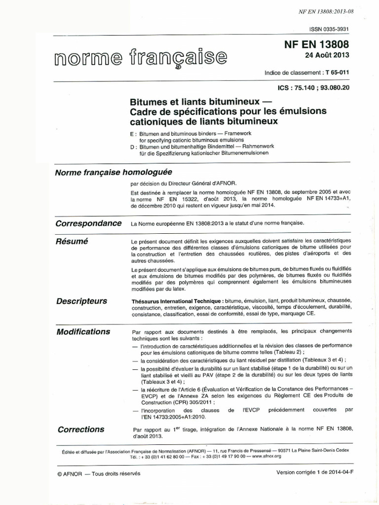 NF EN 13808 Août 2013 - Bitumes Et Liants Bitumineux - Cadre de ...