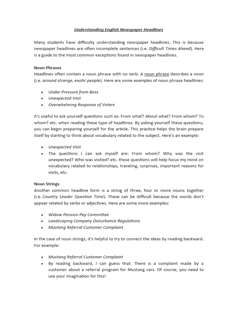 Understanding English Newspaper Headlines Download Free Pdf Noun Verb