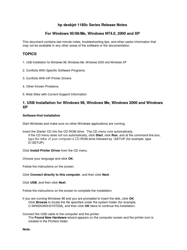HP Deskjet 1180c Series Release Notes | PDF | Installation (Computer ...