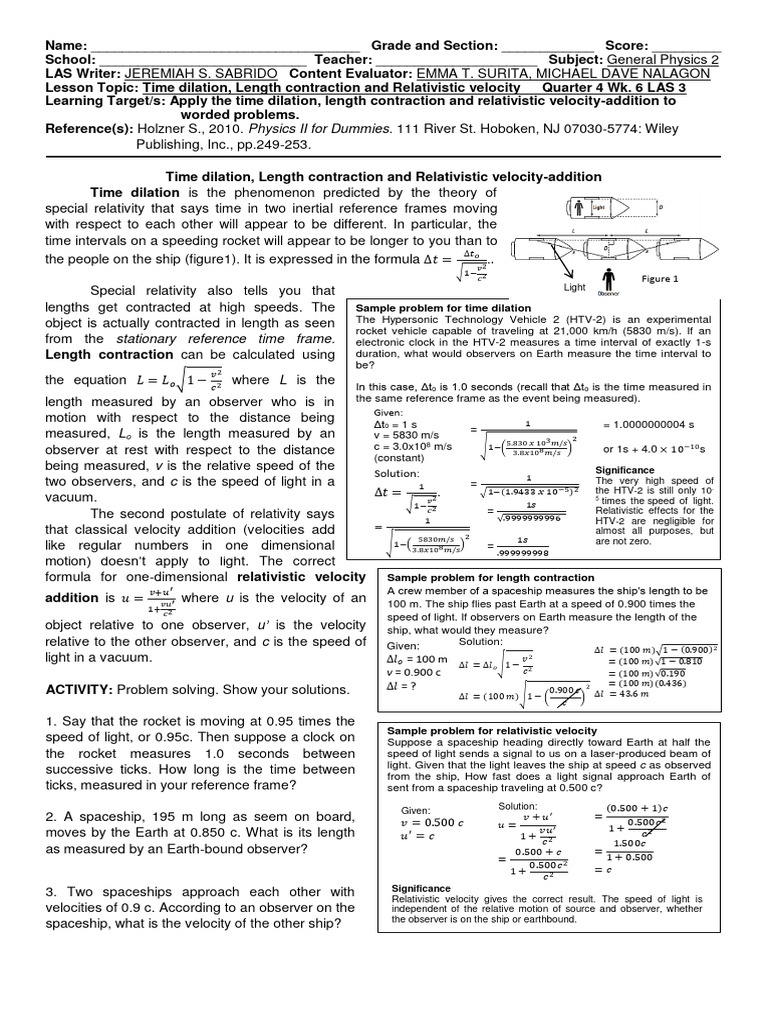 Time Dilation and Length Contraction Problems | PDF | Special ...