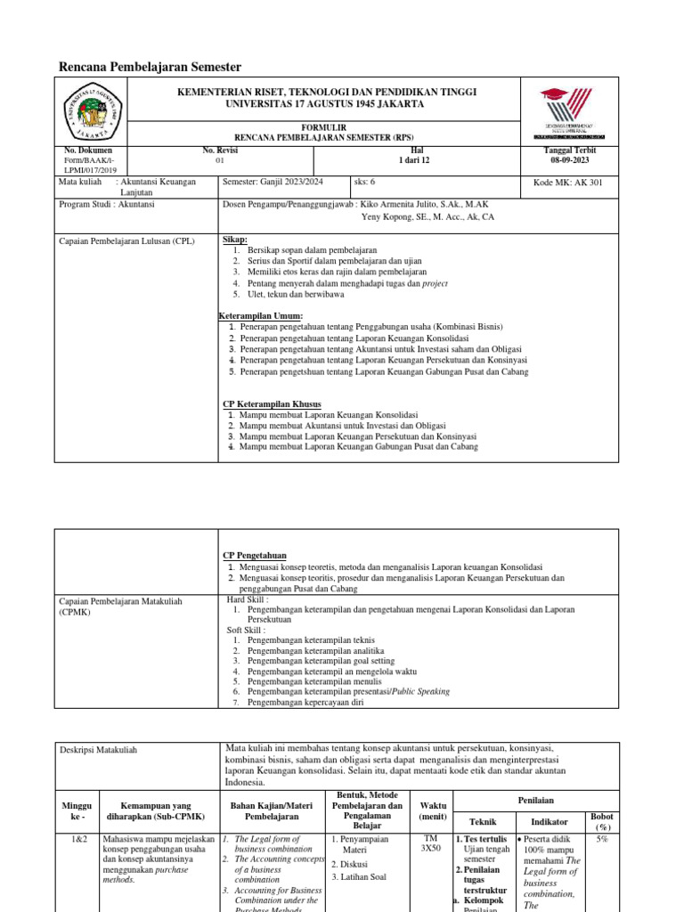 Rps Full Akuntansi Keuangan Lanjutan Uta Pdf Pengelolaan Keuangan