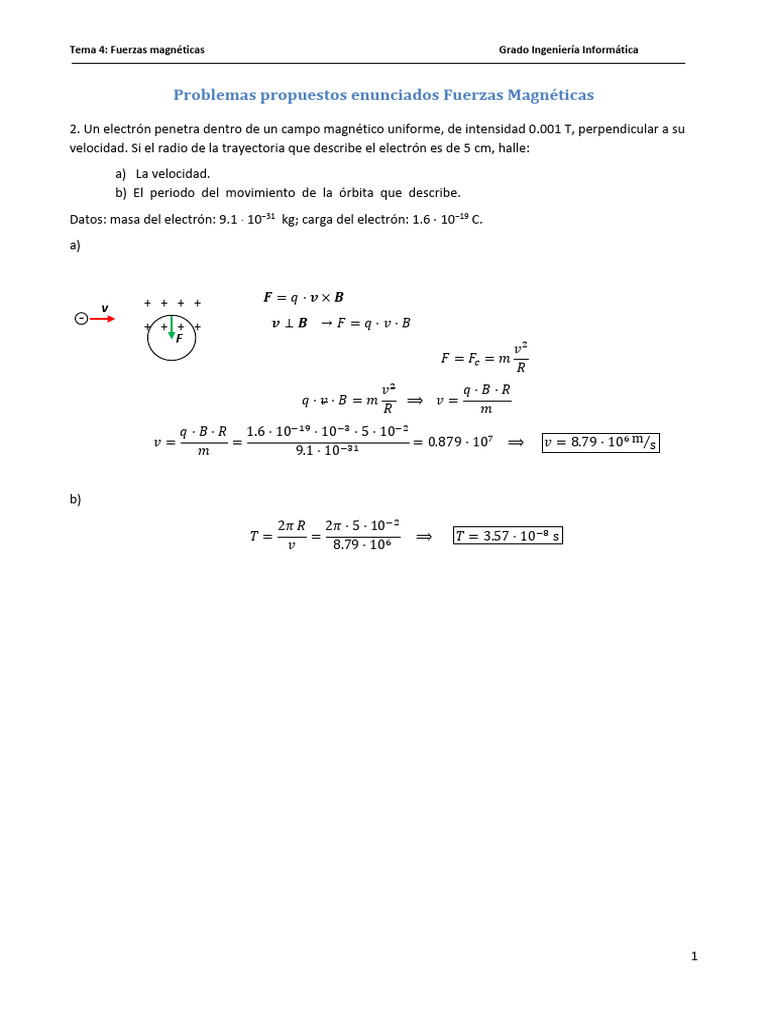 Problemas Resueltos en Clase. Campo Magnético. Fuerzas Magnéticas | PDF ...