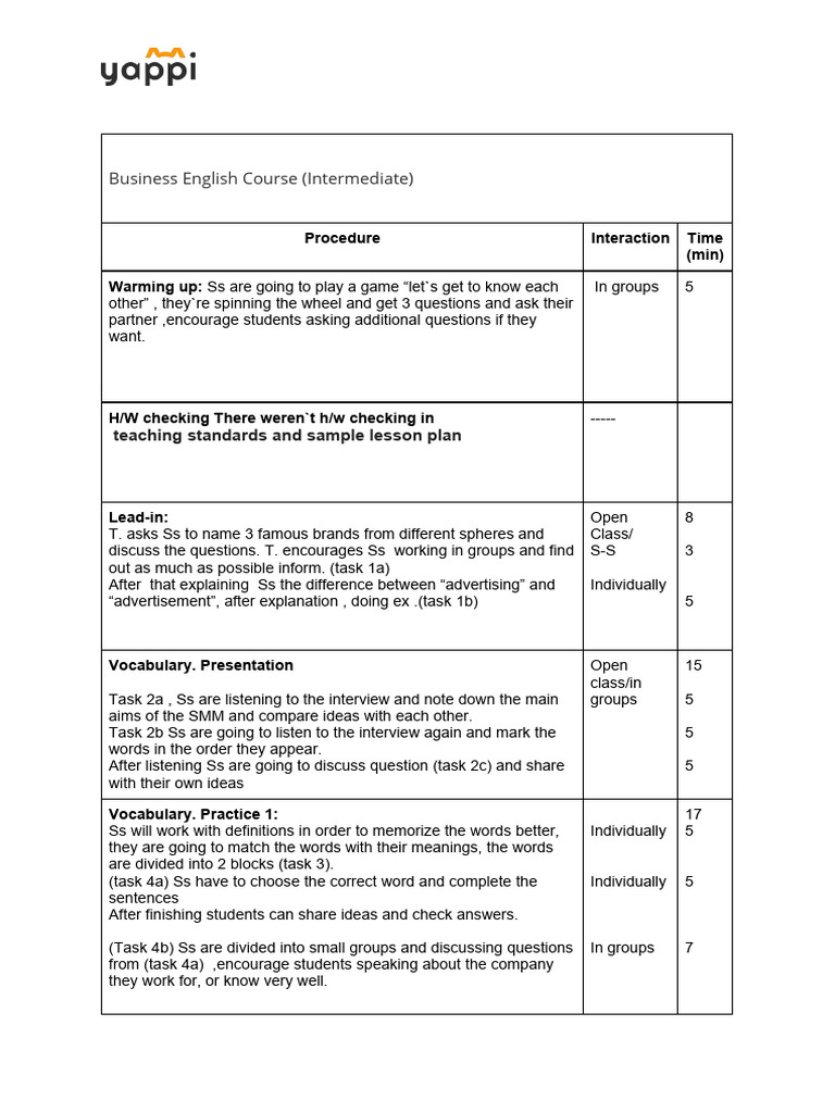 Intermediate Business English Course Outline | PDF | Vocabulary ...