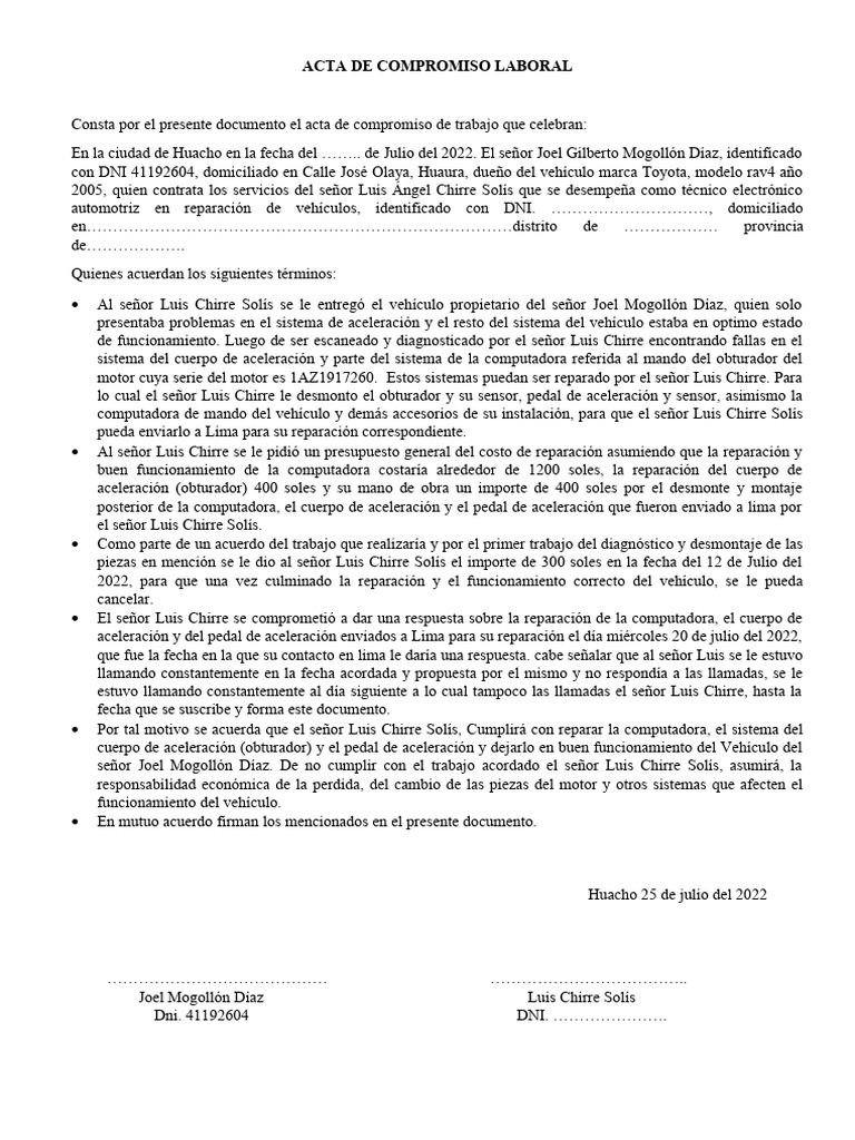 Acta de Compromiso Laboral 2022 | PDF | Finanzas y dinero