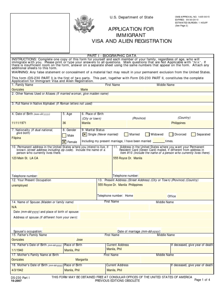 Immigrant Visa Application Form DS-230 | PDF | Permanent Residence ...