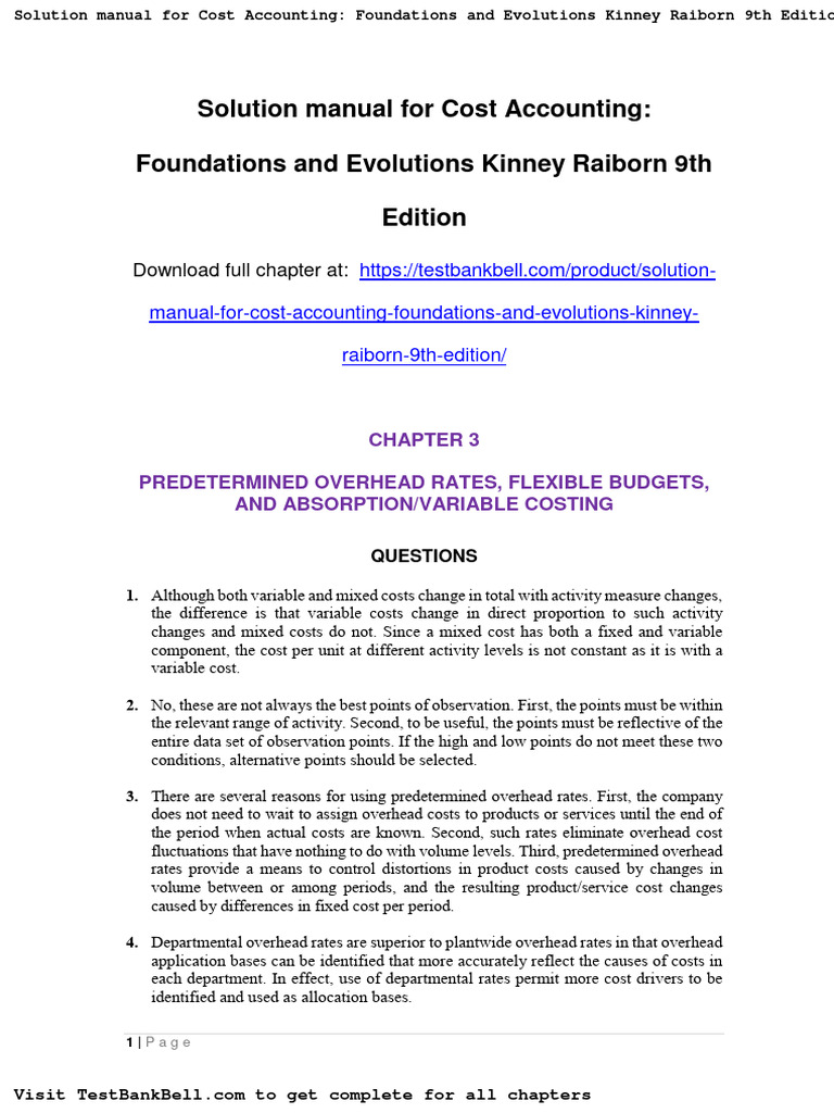 Solution Manual For Cost Accounting Foundations and Evolutions Kinney