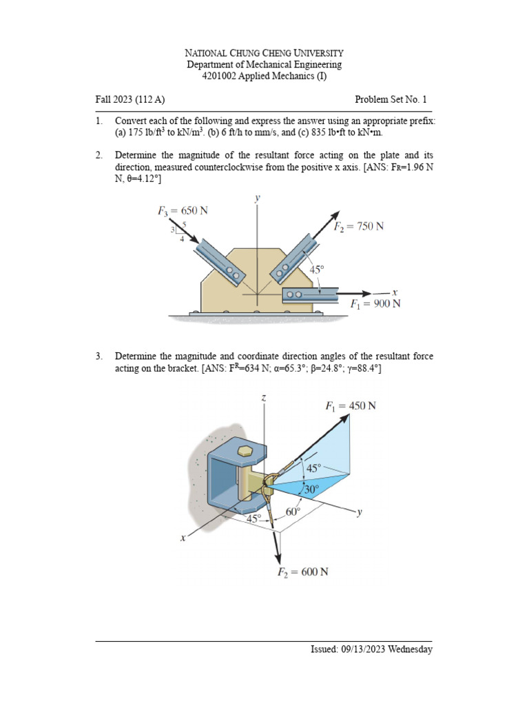 Applied Mechanics I Problem Set 1 | PDF | Teaching Methods & Materials ...