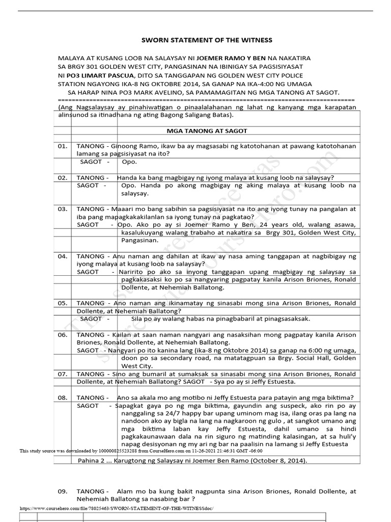 Sworn Statement of The Witness | PDF