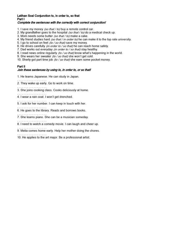 Conjunction Exercises: So That & In Order To | PDF