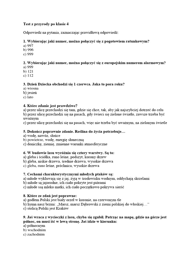 ćwiczenia Z Przyrody Klasa 4 Test Z Przyrody Po Klasie 4 | PDF
